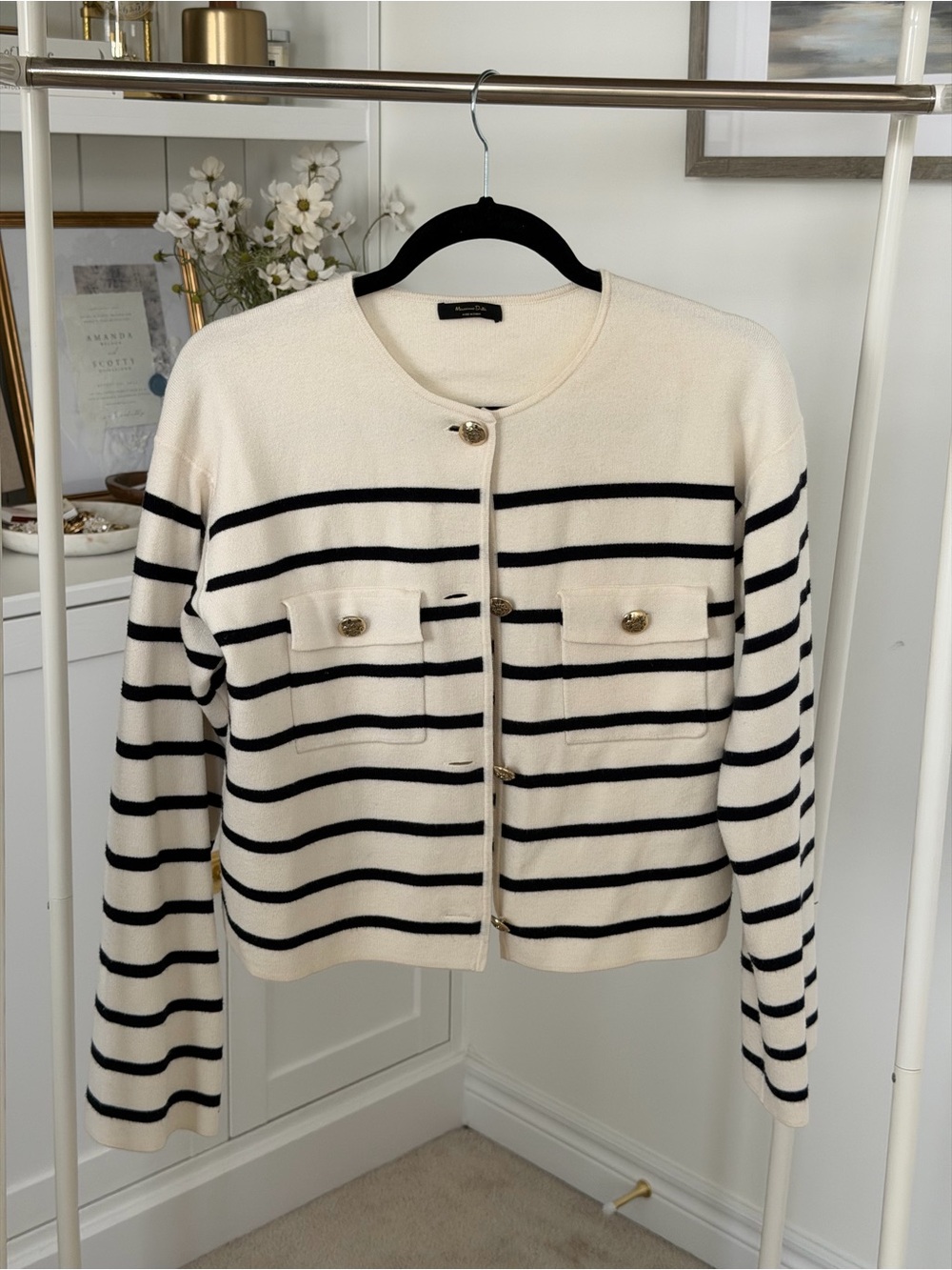 Massimo Dutti Cream and Black Striped Knit Blazer
